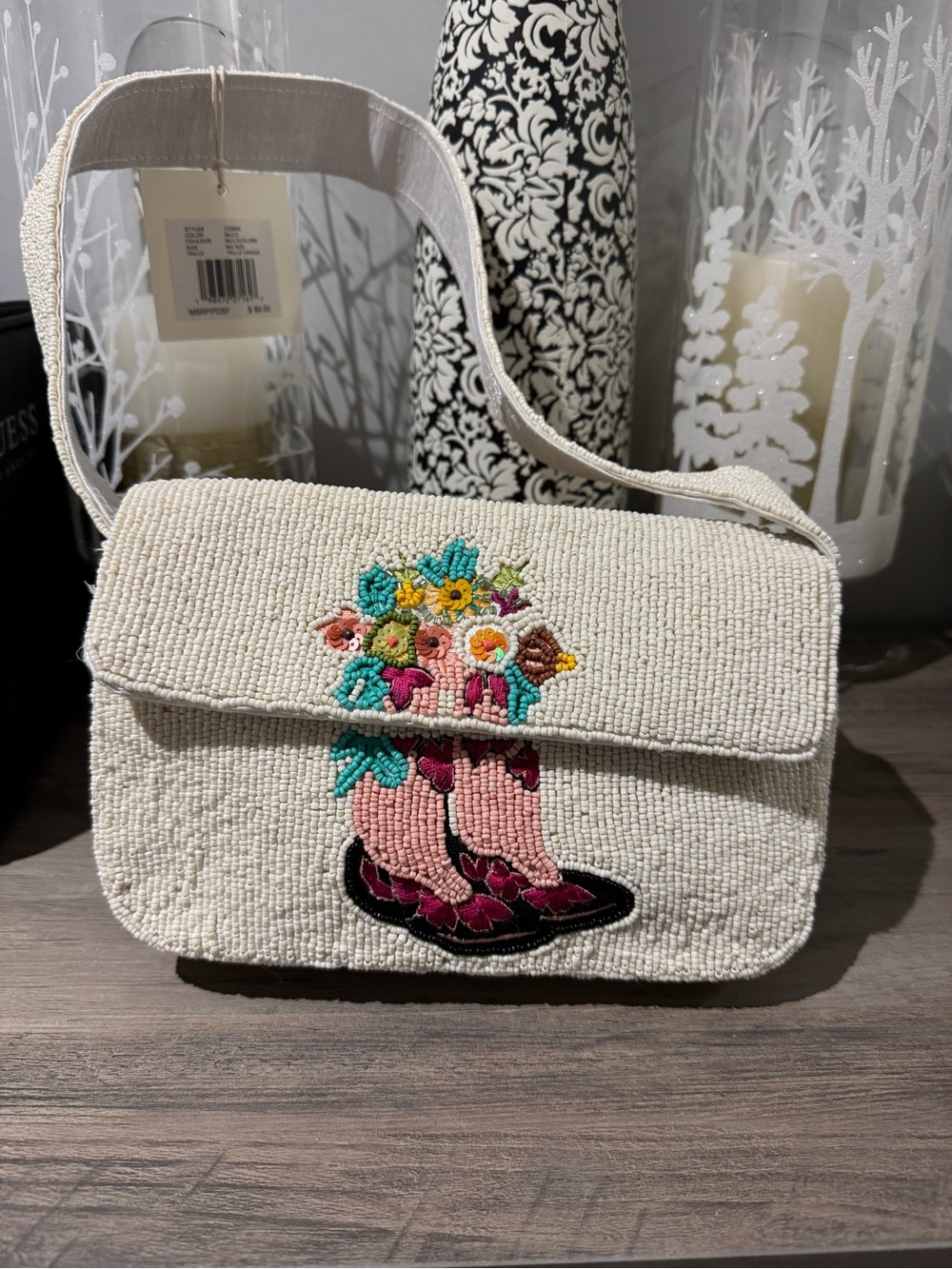 Cream Beaded Crossbody Bag with Floral Embroidery